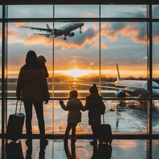 Familie med barn ser på fly fra en flyplassterminal